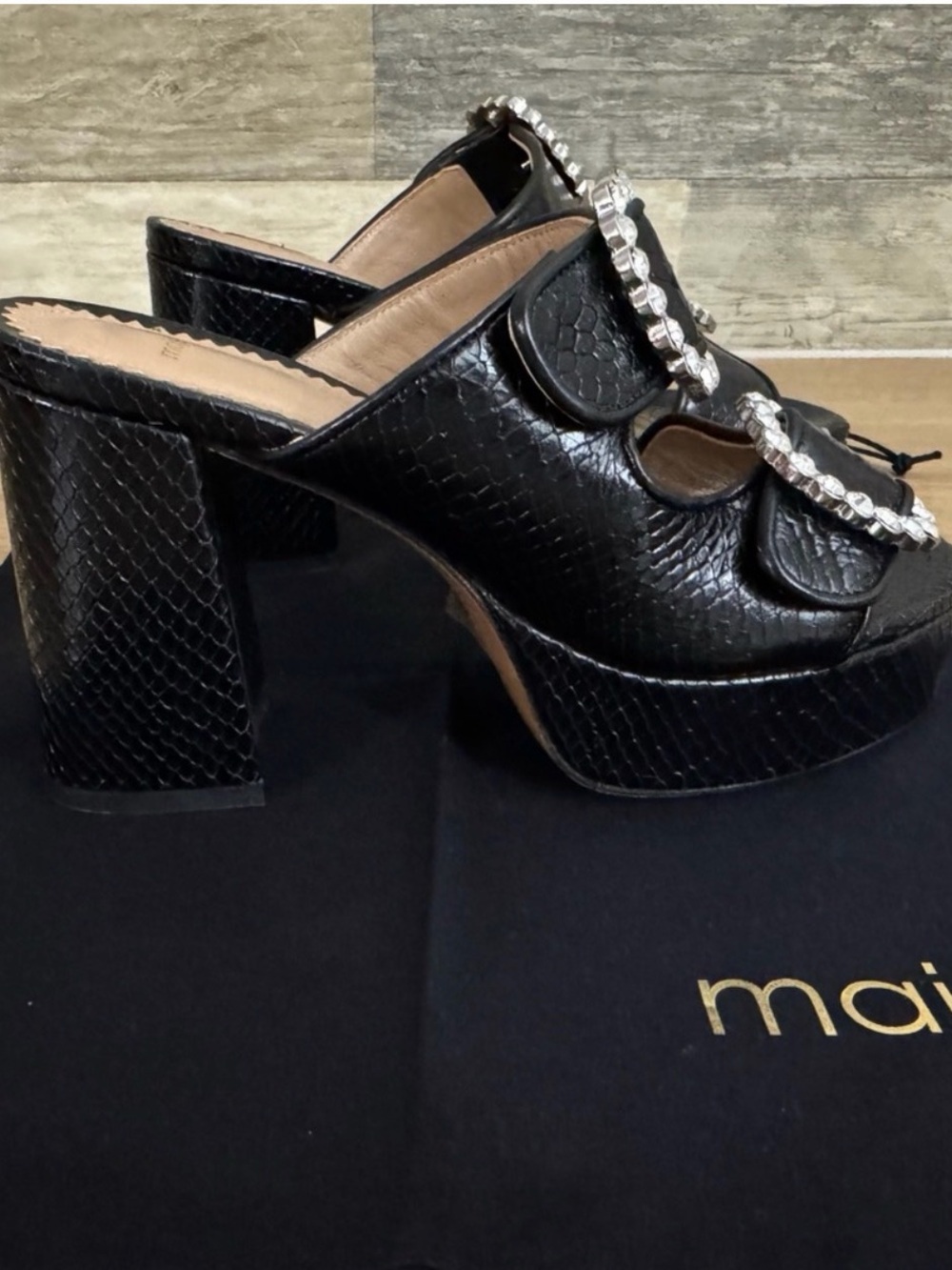 Maje Black Faux-Snakeskin Platform Mules with Crystal Trim